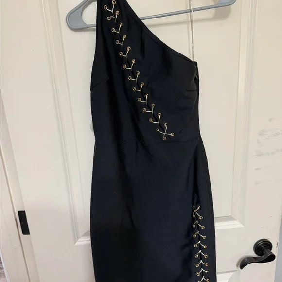 Fashion Nova Black One-Shoulder Dress with Gold Accents - Picture 1 of 3